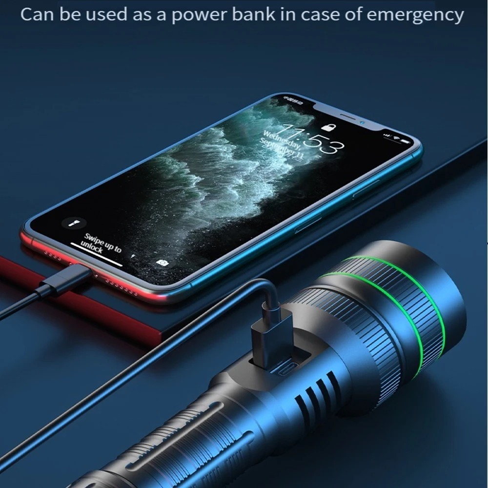 Powerful LED Flashlight Zoomab - Outdoor Power Bank ulasan dan harga